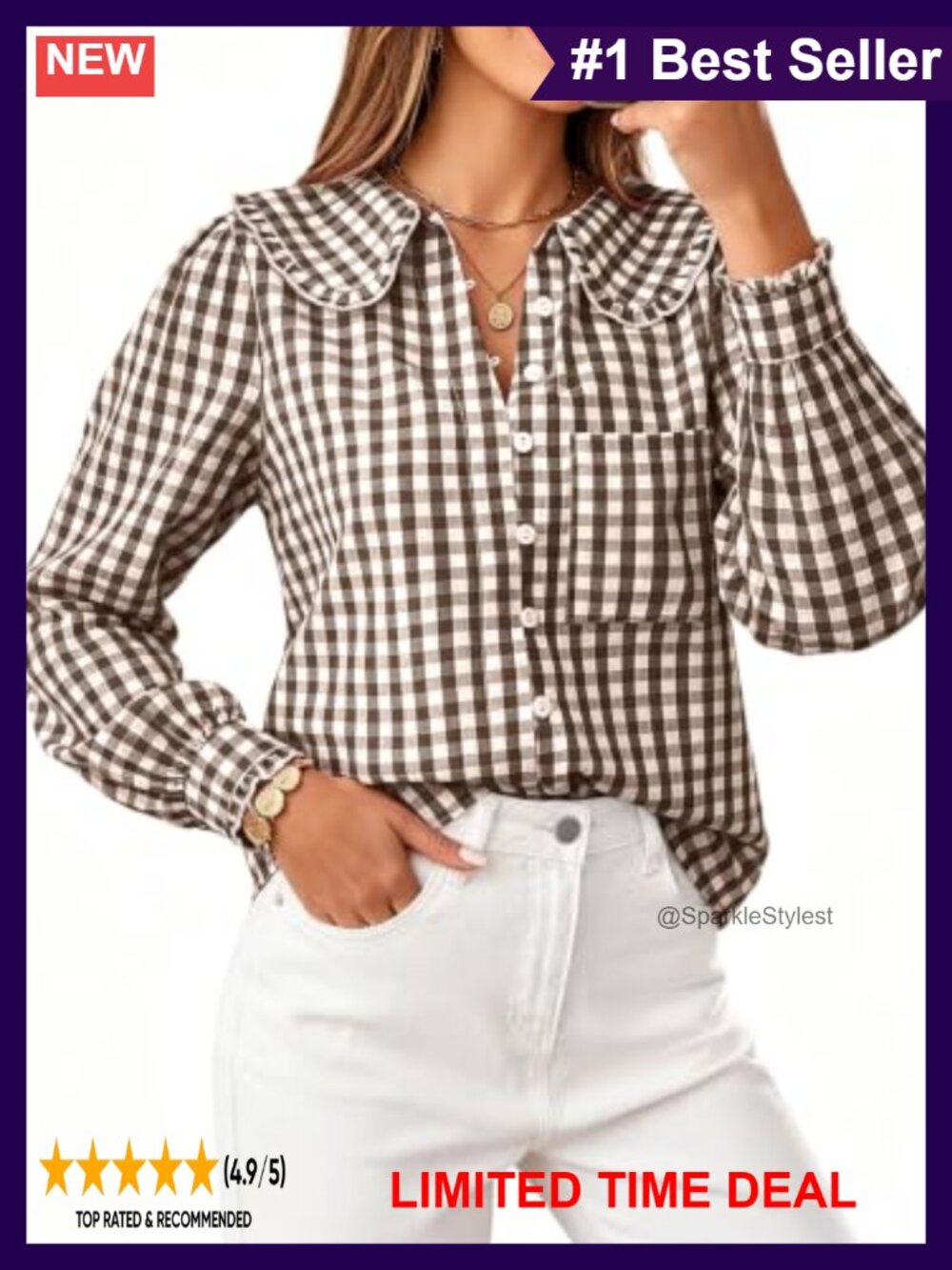 Womens Button Down Shirt Long Sleeve Gingham Blouse Peter Pan Collar Work Top